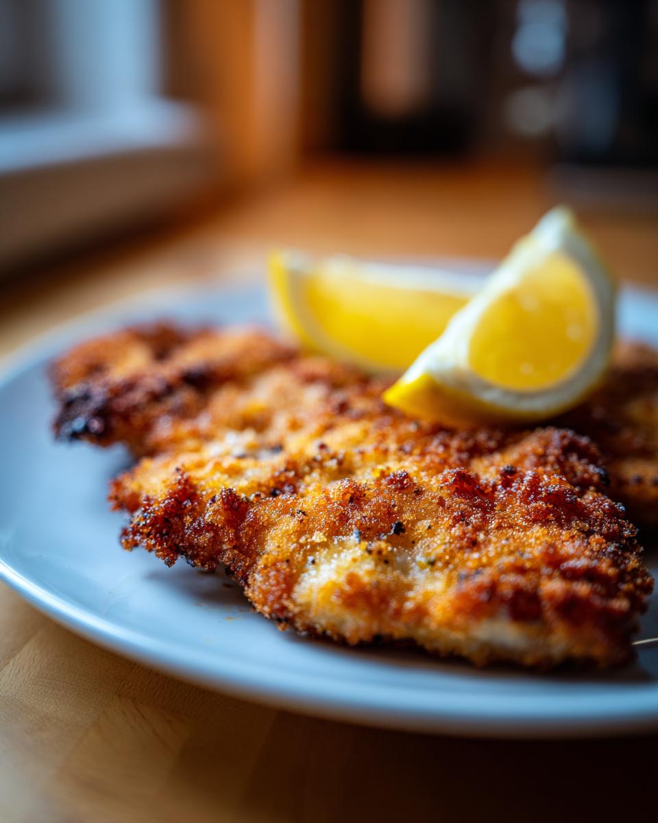 Close-up of perfectly crispy pork schnitzel served on a white plate with two lemon wedges.