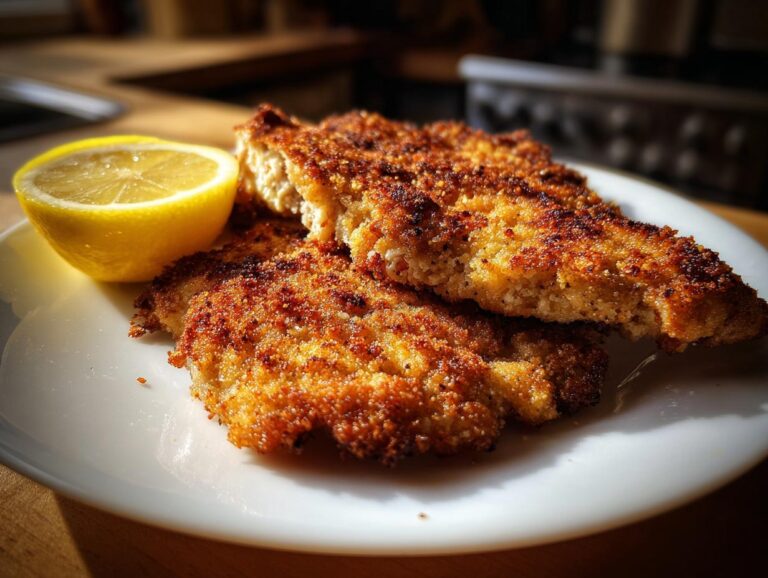 Close-up of perfectly crispy pork schnitzel served with a fresh lemon wedge on a white plate.