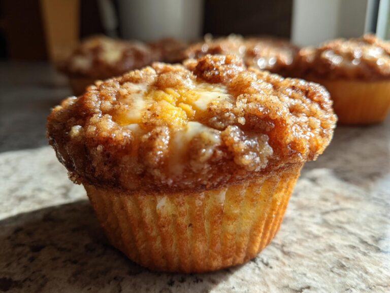 A single pumpkin cheesecake muffin with a crumb topping, showcasing the creamy cheesecake filling.