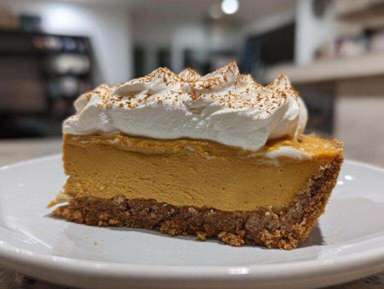 A close-up of a slice of pumpkin cheesecake on a white plate, topped with whipped cream and cinnamon.