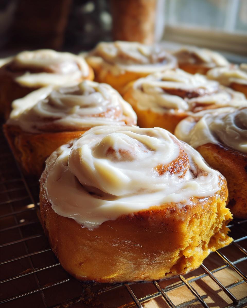 Close-up of freshly baked pumpkin cinnamon rolls with creamy frosting on a wire rack.