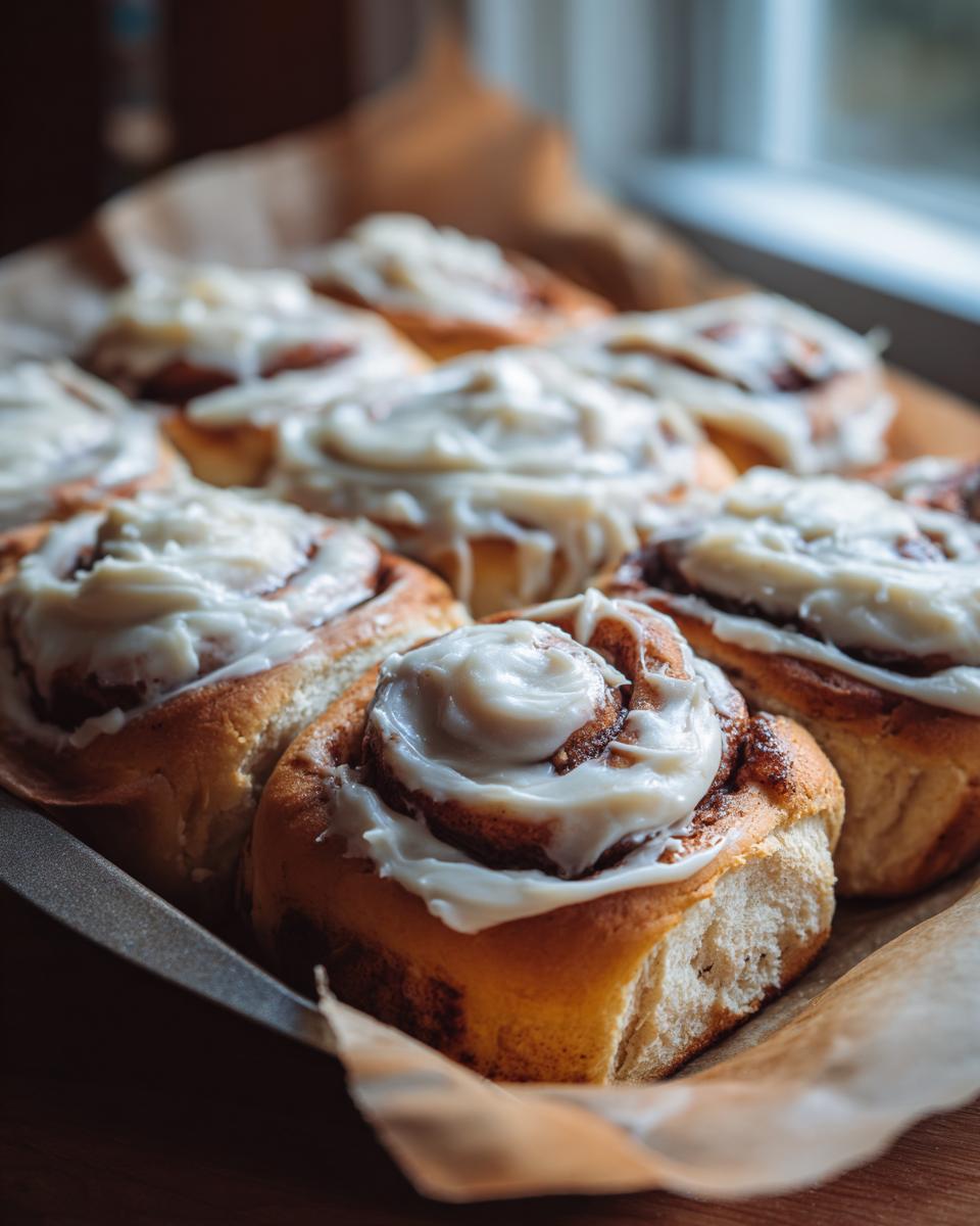 A batch of freshly baked pumpkin cinnamon rolls with cream cheese frosting on a baking sheet.