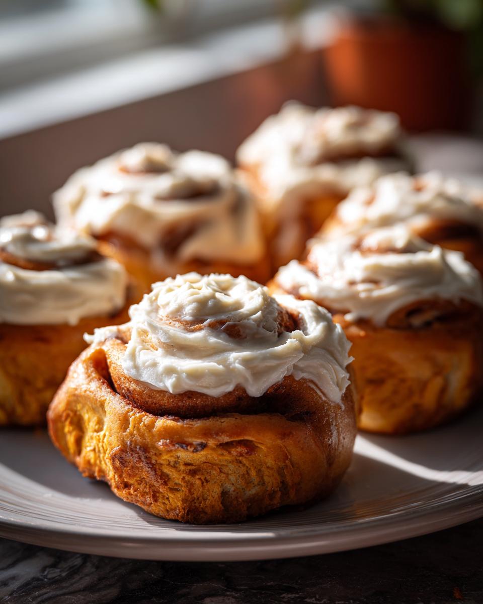Close-up of pumpkin cinnamon rolls topped with creamy white frosting on a plate.