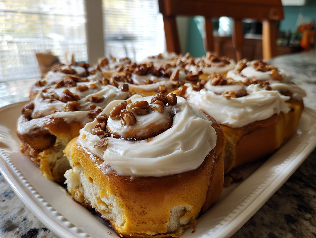A batch of freshly baked pumpkin cinnamon rolls topped with cream cheese frosting and chopped pecans.