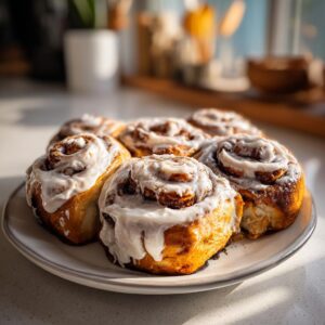 A plate of freshly baked Pumpkin cinnamon rolls, topped with a creamy white icing.