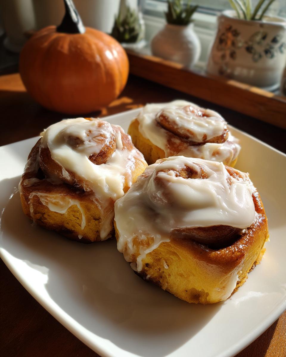 Three iced pumpkin cinnamon rolls on a white plate, with a pumpkin in the background.