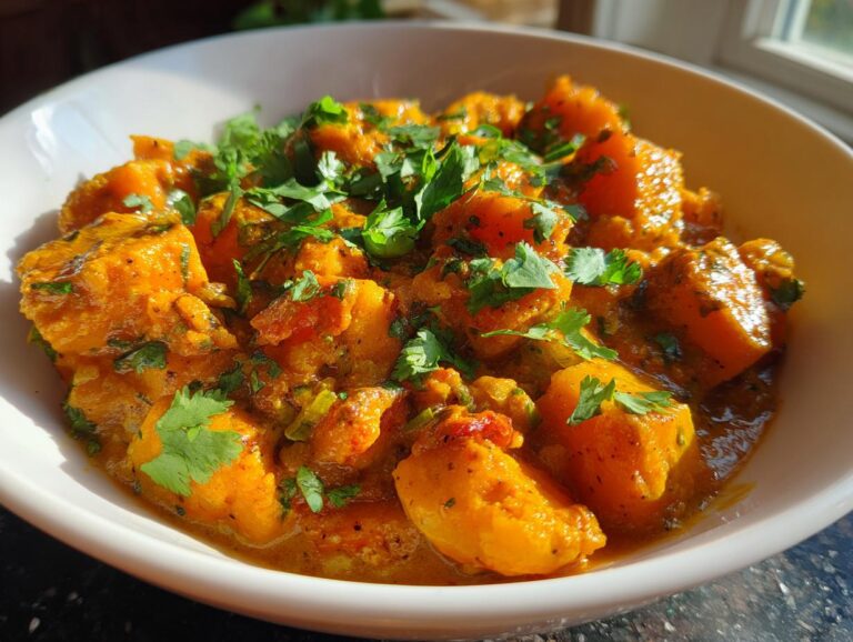 A close-up of a white bowl filled with vibrant Pumpkin Curry, garnished with fresh cilantro.