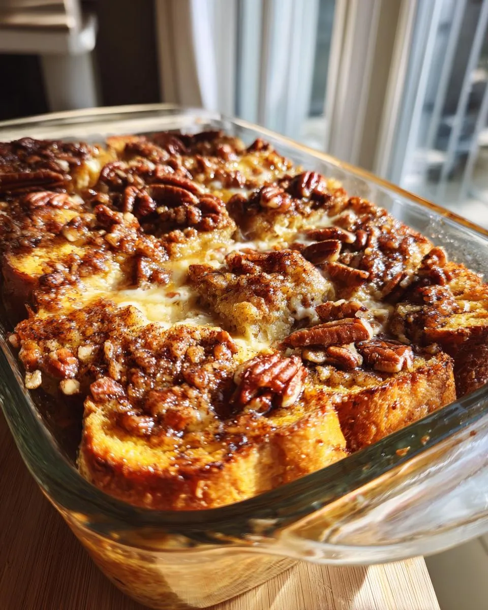 Close-up of a freshly baked Pumpkin French toast casserole with a pecan topping in a glass baking dish.