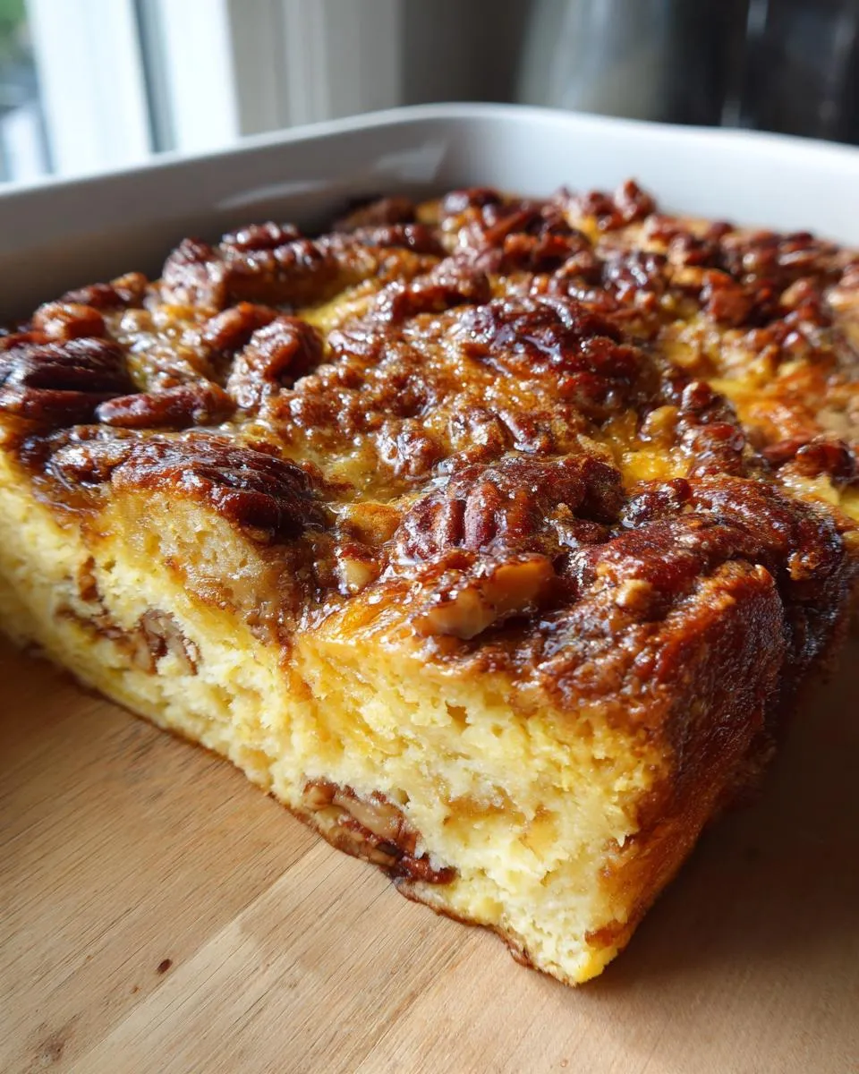 A delicious slice of pumpkin French toast casserole topped with glazed pecans, ready to serve.