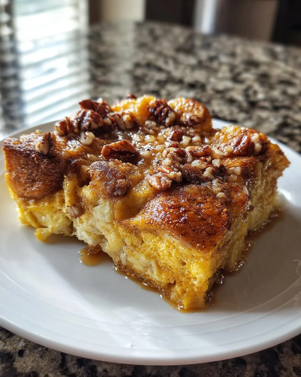 A slice of Pumpkin French toast casserole on a white plate, topped with pecans and a sweet glaze.