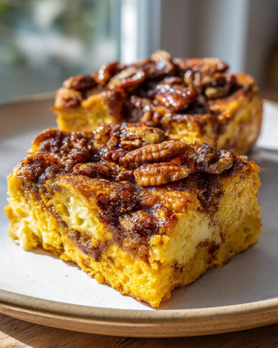 Two slices of pumpkin French toast casserole topped with caramelized pecans on a plate.
