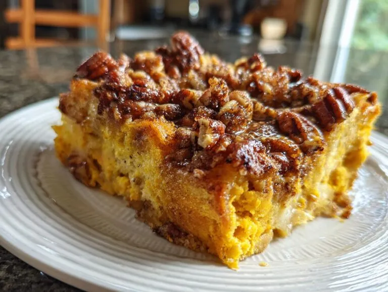 A slice of Pumpkin French toast casserole on a white plate, topped with pecans and syrup.