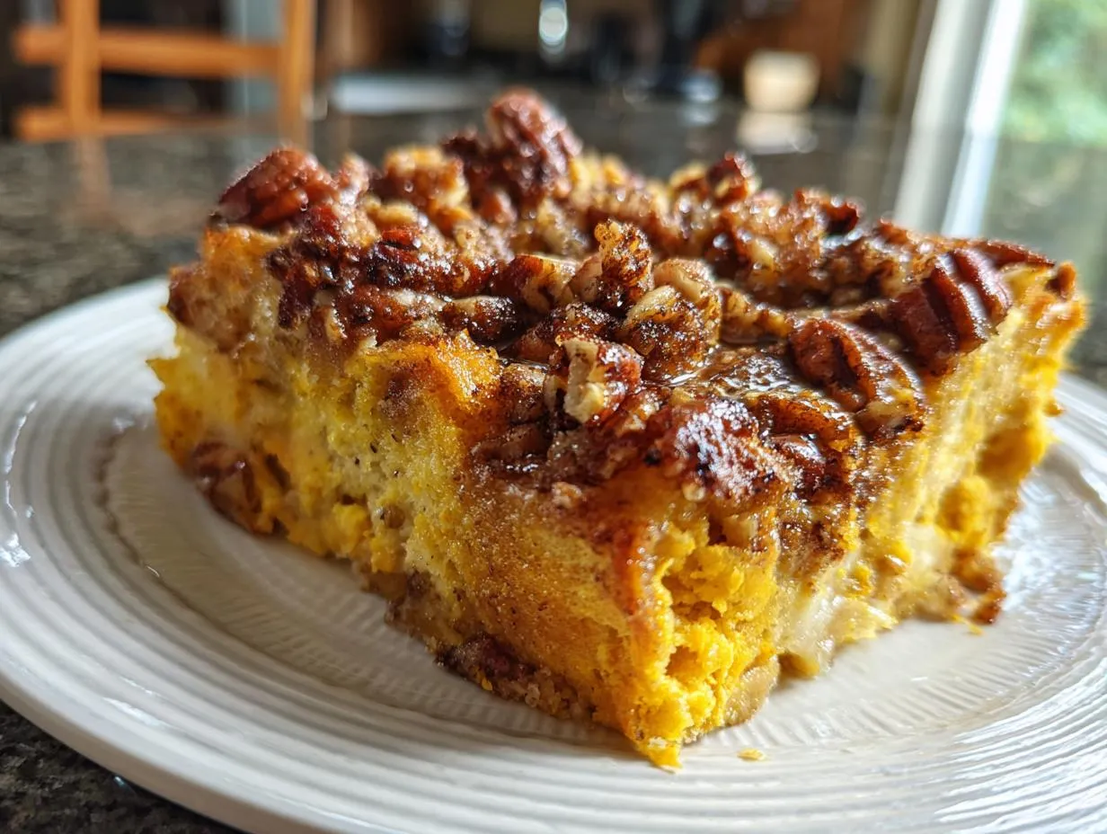 A slice of Pumpkin French toast casserole on a white plate, topped with pecans and syrup.