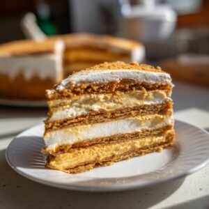 A slice of pumpkin icebox cake with layers of cream and graham crackers on a white plate.