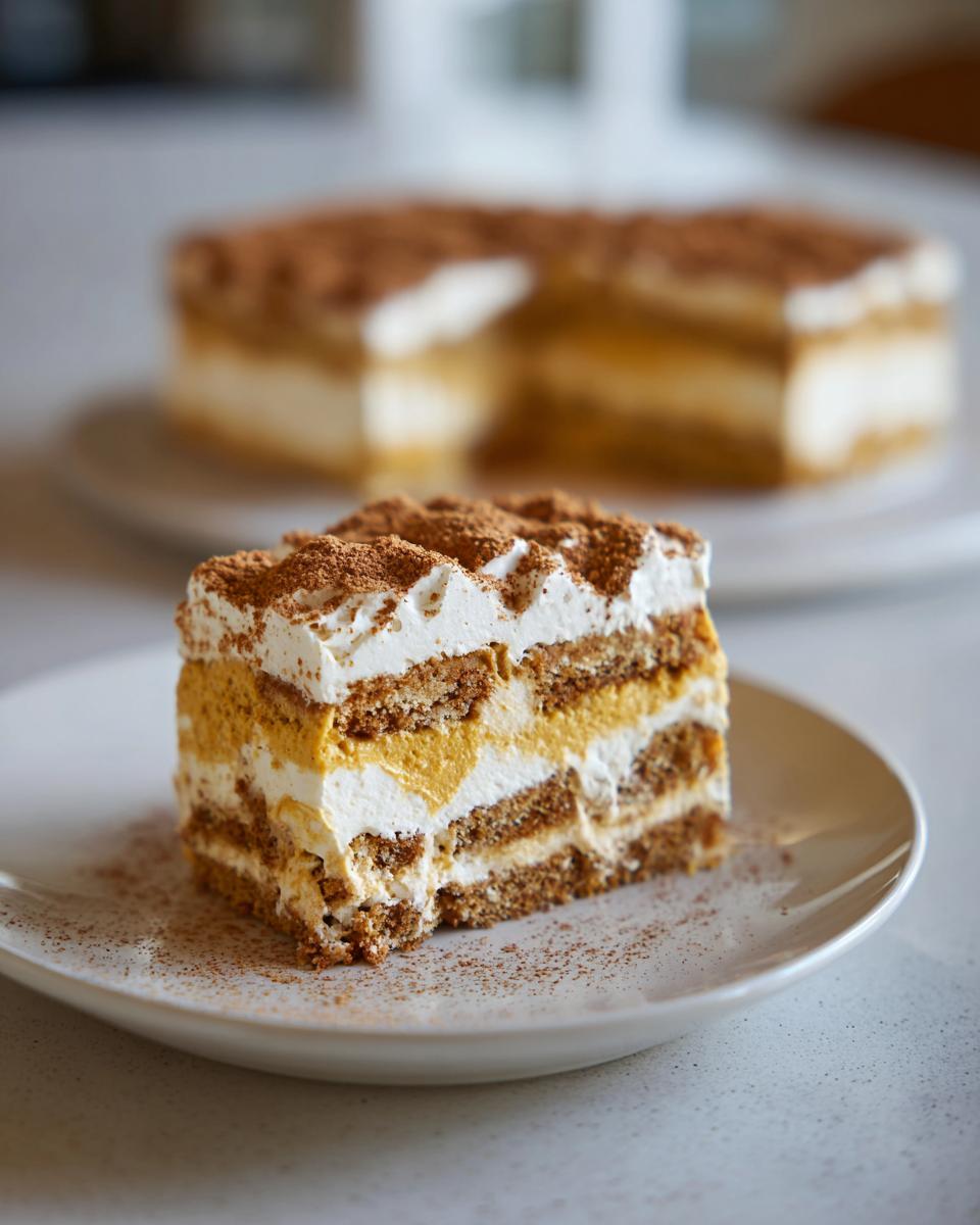 A slice of pumpkin icebox cake on a white plate, dusted with cocoa powder. Layers of cream, pumpkin, and wafers are visible.