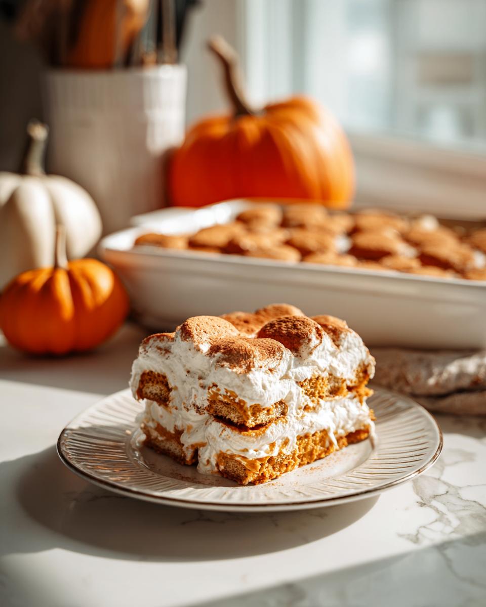 A slice of pumpkin icebox cake on a plate, featuring layers of pumpkin filling, cookies, and whipped cream topping.