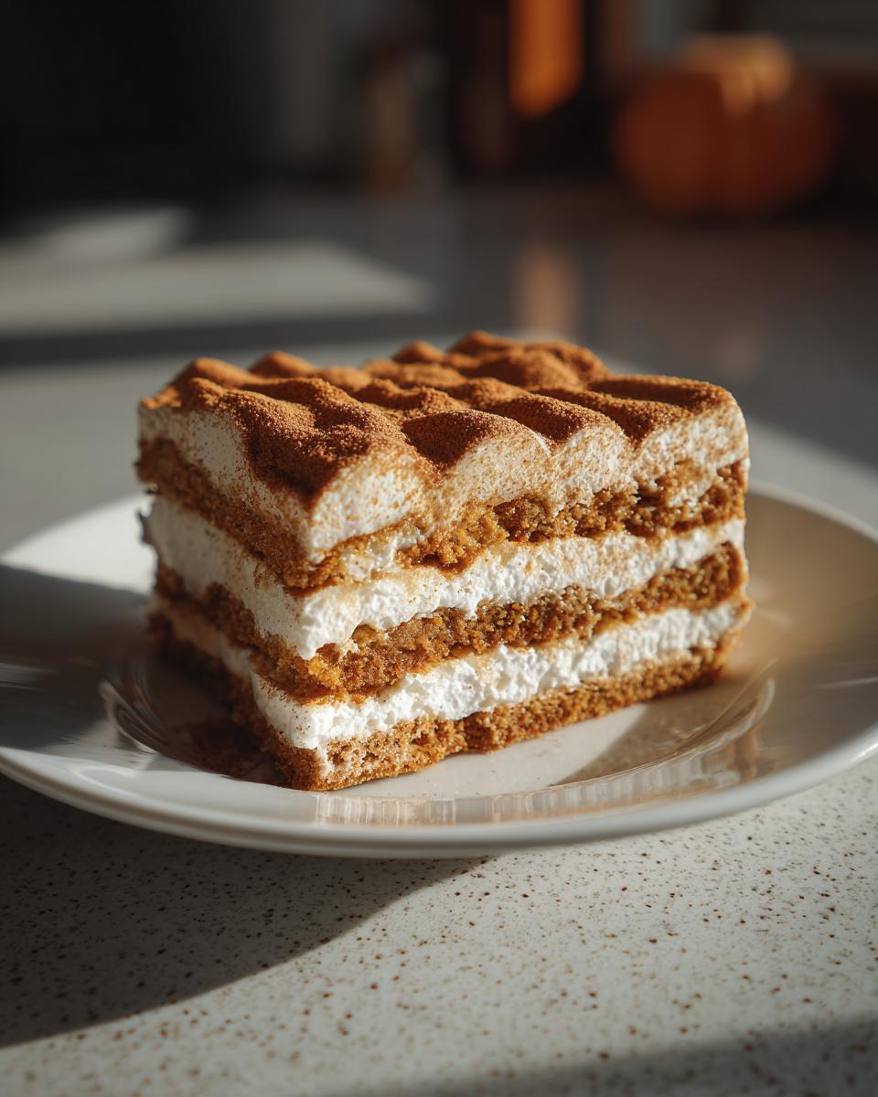 A slice of pumpkin icebox cake with layers of cream and spice, dusted with cocoa powder.