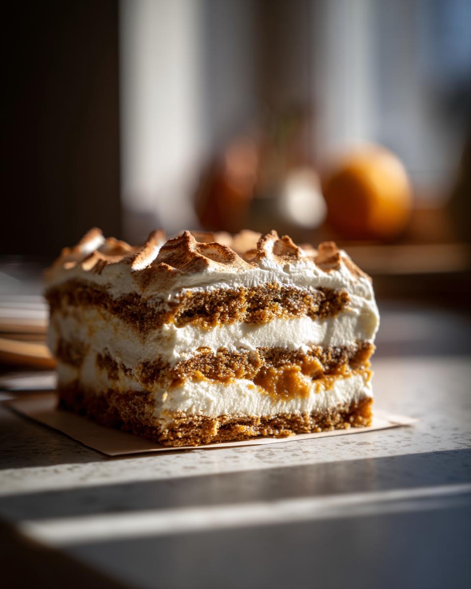 A delicious slice of pumpkin icebox cake with layers of cream and pumpkin filling.