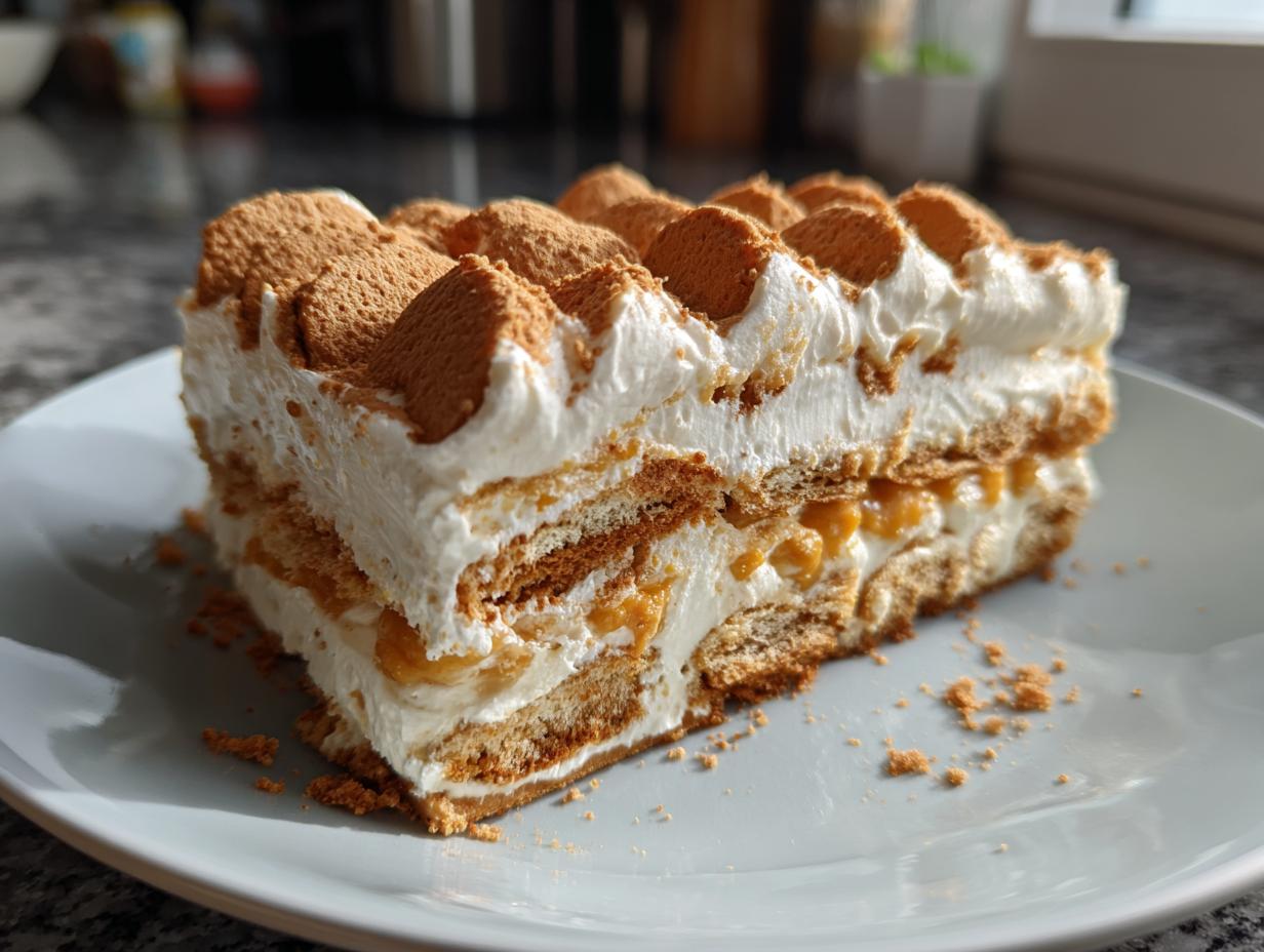 A slice of layered pumpkin icebox cake with whipped cream and graham crackers on a plate.