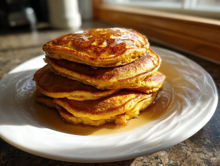 A close-up shot of a stack of fluffy pumpkin pancakes, drizzled with syrup, on a white plate.