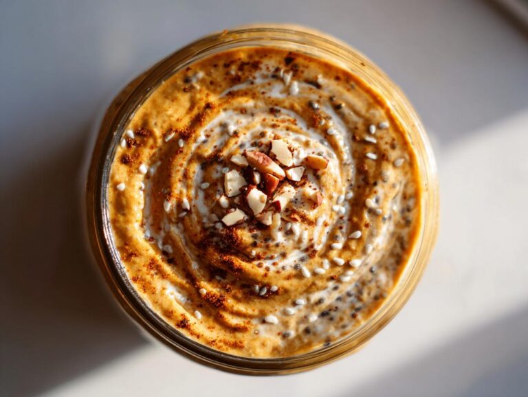 Overhead view of Pumpkin Pie Overnight Oats in a jar, topped with swirl of cream, chopped nuts, and cinnamon.