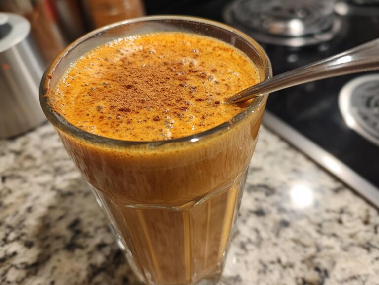 A close-up of a tall glass filled with a frothy Pumpkin Pie Smoothie, topped with cinnamon.
