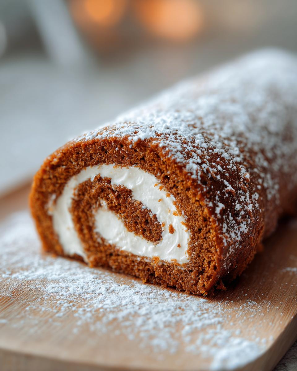 Close-up of a pumpkin roll cake with cream cheese filling, dusted with powdered sugar on a wooden board.