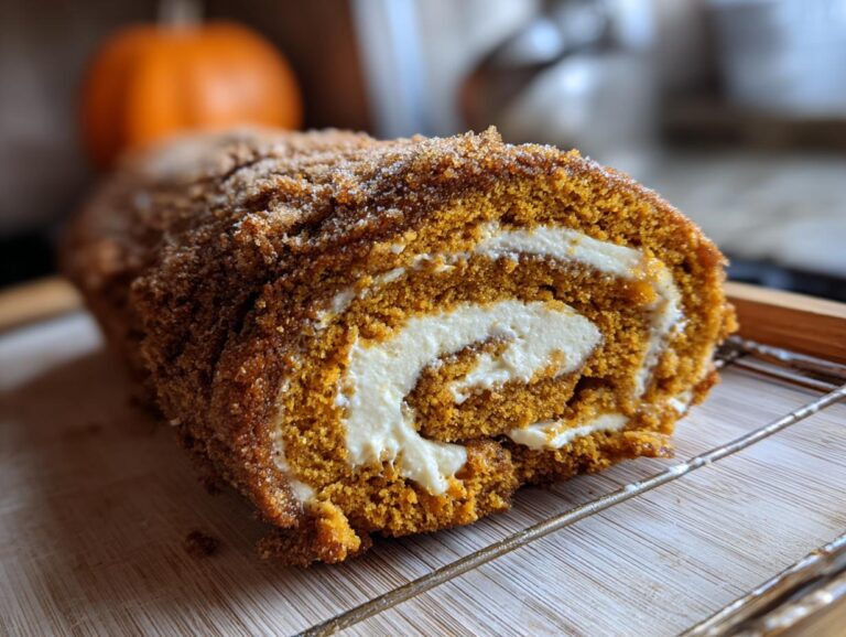Close-up of a pumpkin roll cake with a creamy filling, dusted with powdered sugar. Perfect pumpkin roll cake recipe.