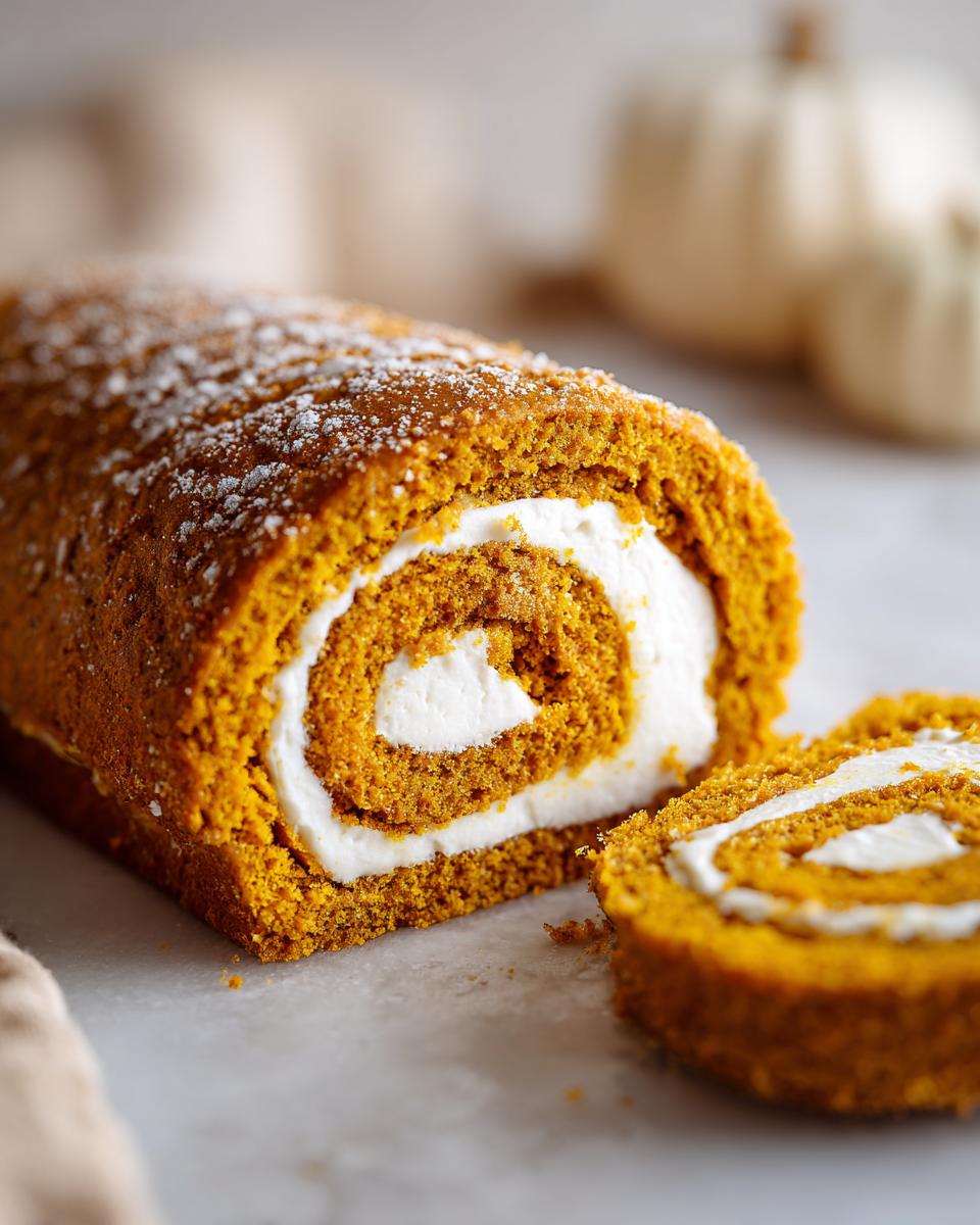 Close-up of a sliced pumpkin roll cake with a creamy filling, dusted with powdered sugar.