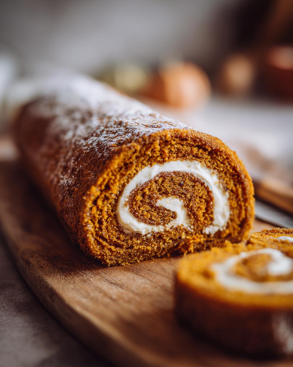 Close-up of a pumpkin roll cake with cream cheese filling, dusted with powdered sugar on a wooden board.