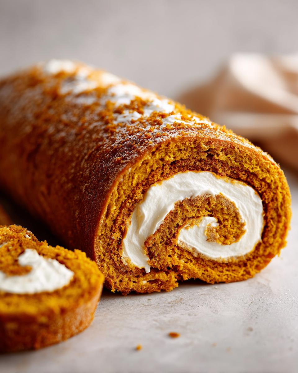 Close-up of a pumpkin roll cake with a creamy white filling and a slice cut off to the side.