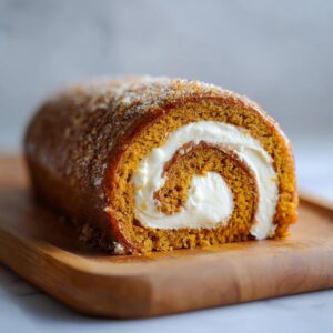 Close-up of a slice of pumpkin roll cake with cream cheese filling on a wooden board.