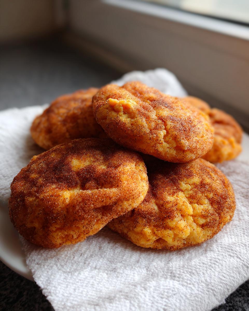 A small pile of freshly baked Pumpkin Snickerdoodle Cookies on a white cloth.