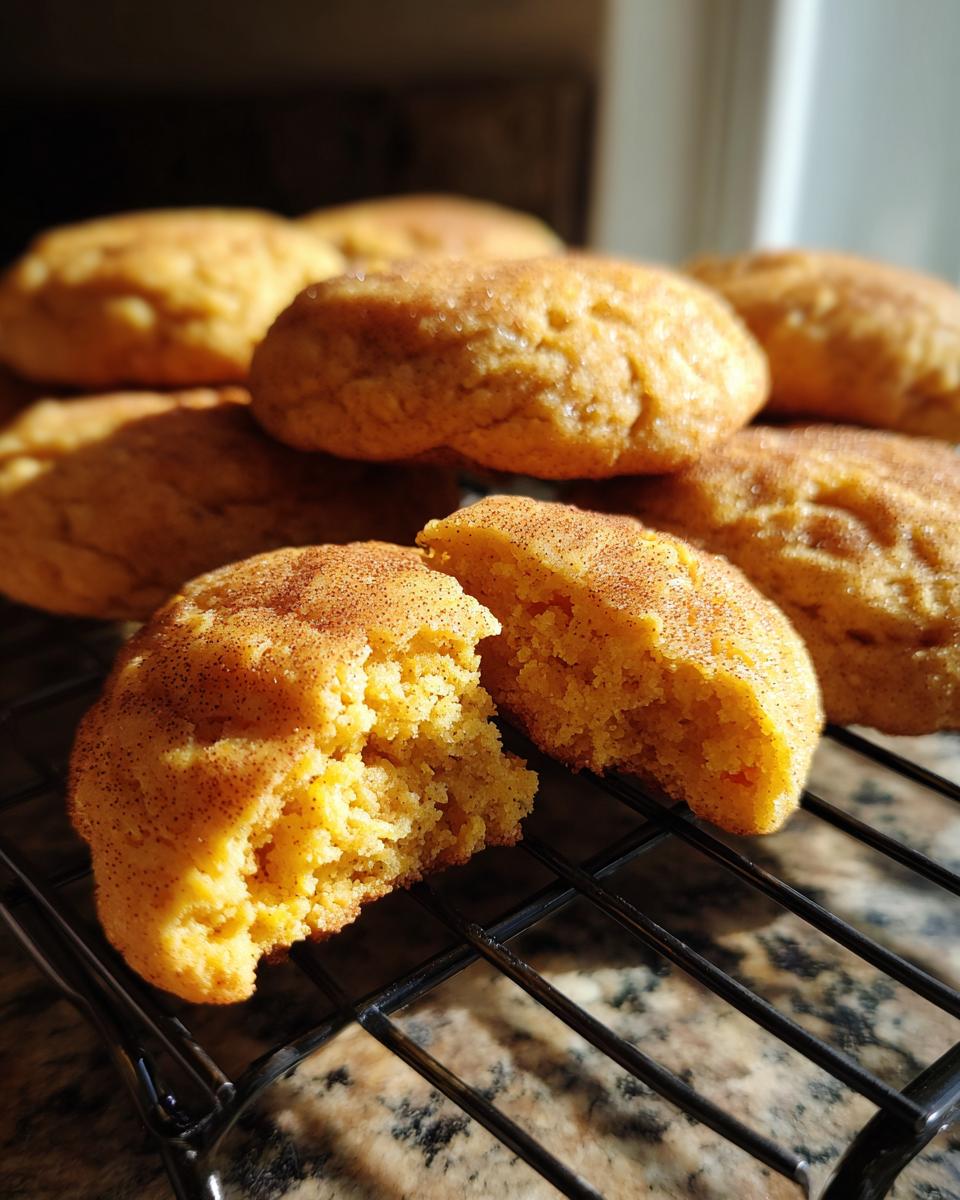 A stack of Pumpkin Snickerdoodle Cookies on a cooling rack, one broken in half to show the soft inside.