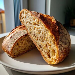 Close-up of a slice of golden-brown Pumpkin Sourdough Bread with a soft, airy crumb and visible seeds.