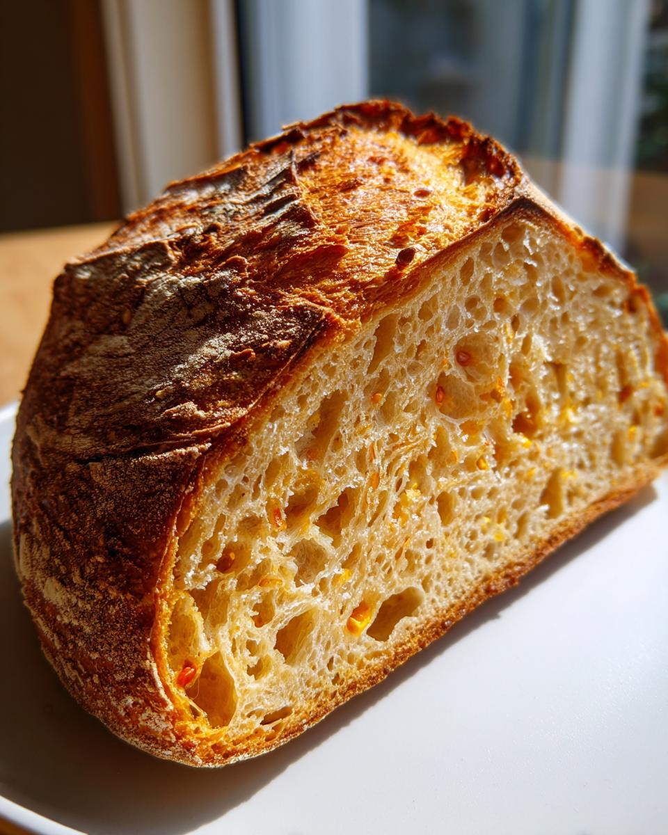 Close-up of a slice of Pumpkin Sourdough Bread showing the golden crust and airy crumb with visible pumpkin pieces.