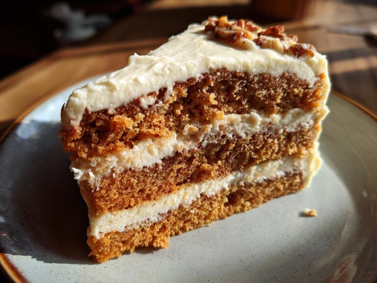 A delicious slice of Pumpkin Spice Cake with cream cheese frosting and pecan topping on a plate.
