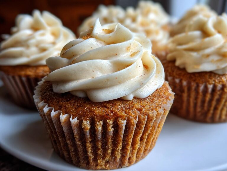 Close-up of pumpkin spice cupcakes with creamy white frosting and a sprinkle of spice on top.