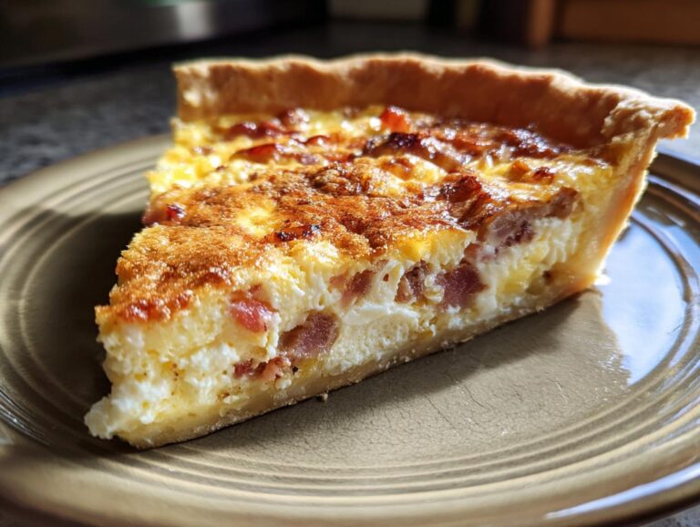 A golden-brown slice of Quiche Lorraine on a plate, showcasing creamy egg filling and crispy bacon.