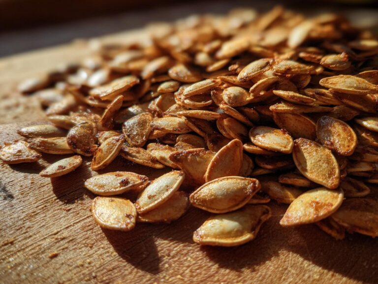 Close-up of a pile of golden brown roasted pumpkin seeds on a wooden surface.