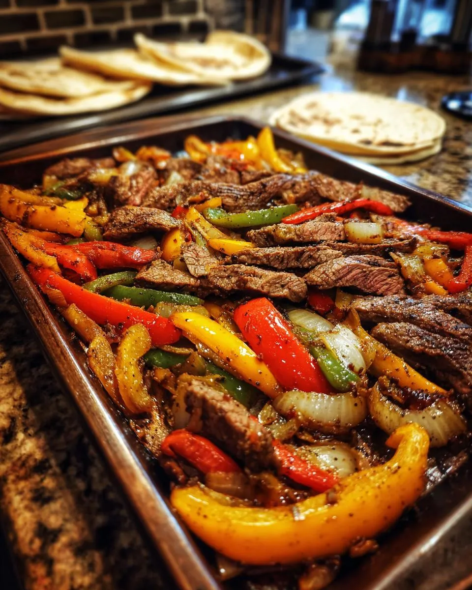 A sheet pan filled with colorful Sheet Pan Steak Fajitas, featuring sliced steak, peppers, and onions.