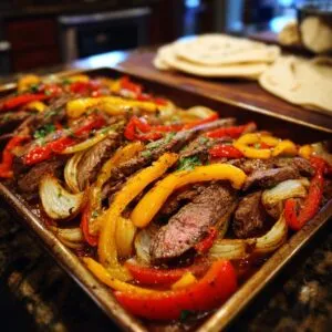 A sheet pan filled with sliced Sheet Pan Steak Fajitas, featuring colorful bell peppers and onions.