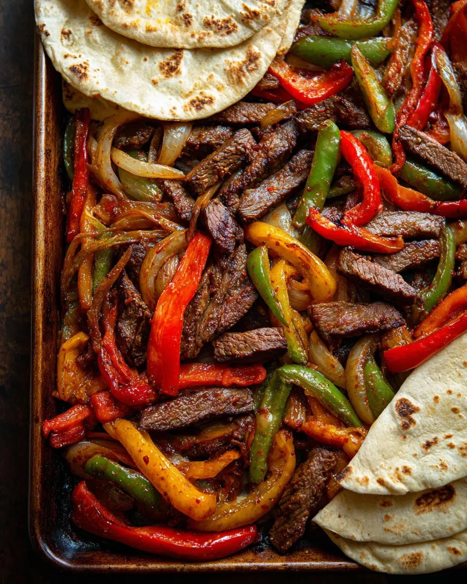 Overhead view of Sheet Pan Steak Fajitas with colorful bell peppers, onions, steak strips, and tortillas.