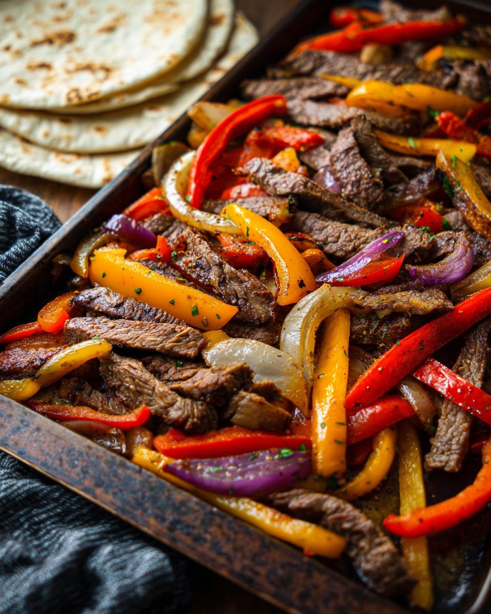 A sheet pan filled with Sheet Pan Steak Fajitas, featuring sliced steak, bell peppers, and onions, served with tortillas.