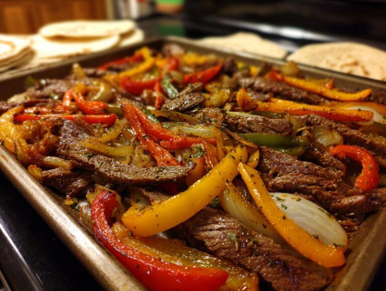 Sheet Pan Steak Fajitas with sliced steak, onions, and bell peppers, ready to be served with tortillas.