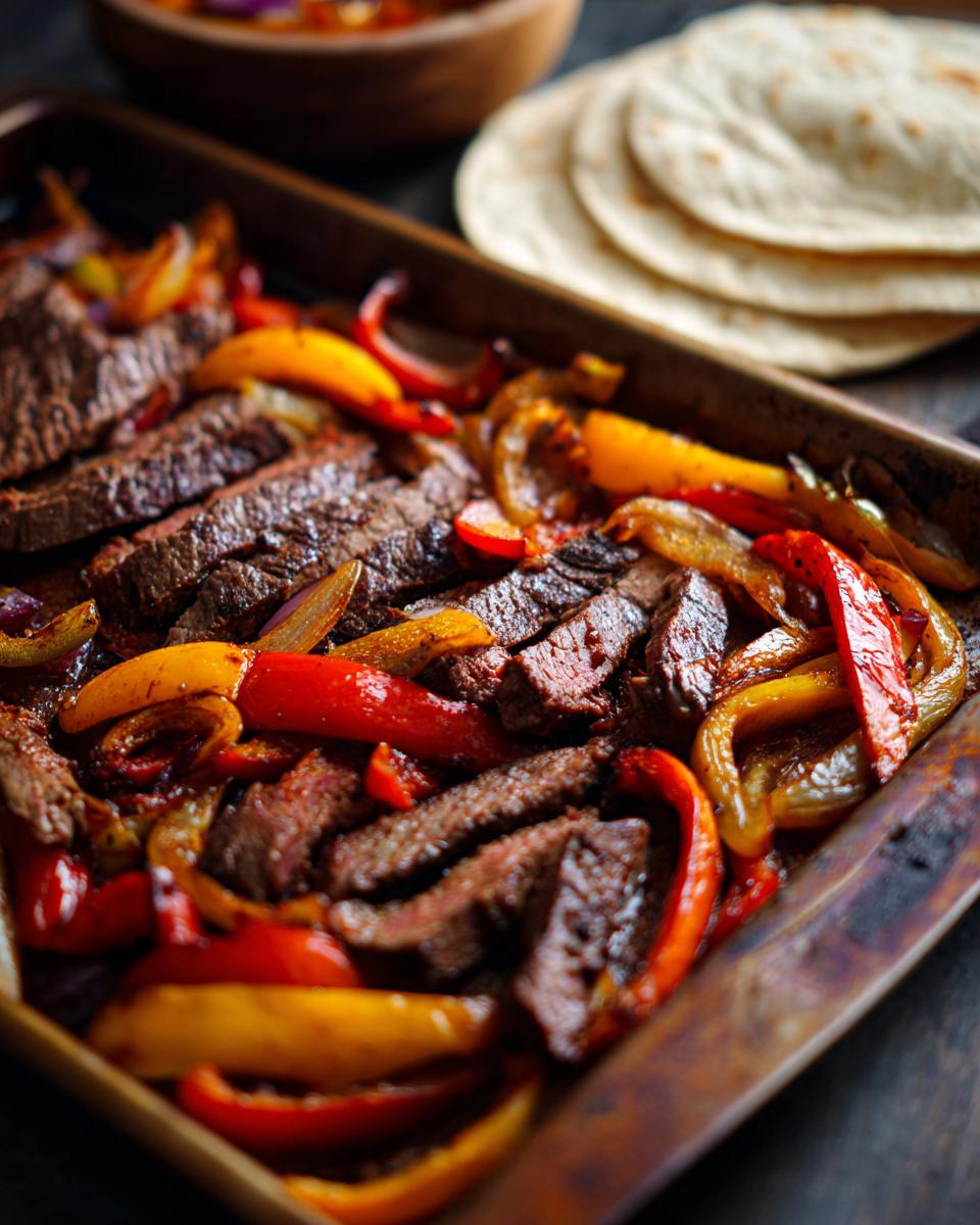 Overhead view of Sheet Pan Steak Fajitas with sliced steak, peppers, onions, and tortillas.