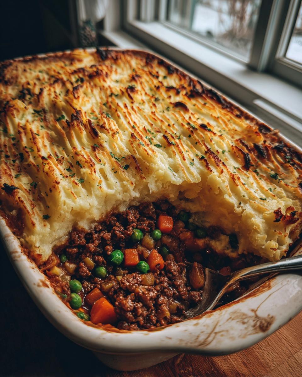 A freshly baked Shepherd’s pie with a golden mashed potato topping, filled with meat and vegetables.