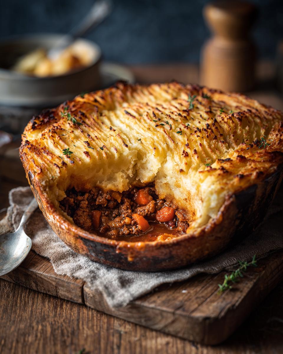 A rustic Shepherd’s pie with a golden-brown potato crust, revealing a savory meat and vegetable filling.