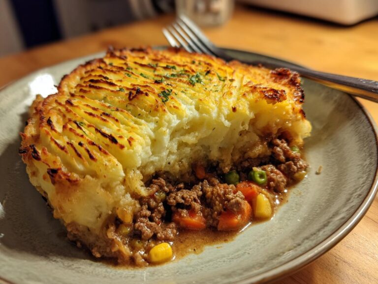 A slice of Shepherd's pie with a golden-brown mashed potato topping and a savory meat and vegetable filling.