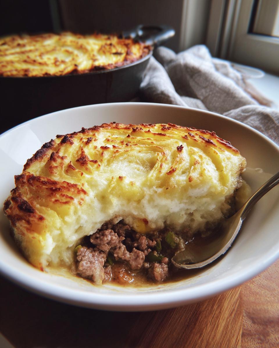 A serving of Shepherd’s pie in a bowl, showing the layers of meat and mashed potato topping.